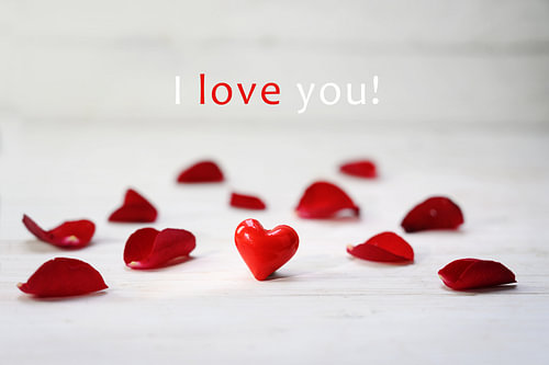 rotes Glasherz zwischen Rosenblättern auf hellgrauem Holzgrund, Text I love you, ausgewählter Fokus,