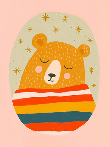 Schlafender Bär unter Regenbogendecke – Gemütliches Kinderzimmerbild