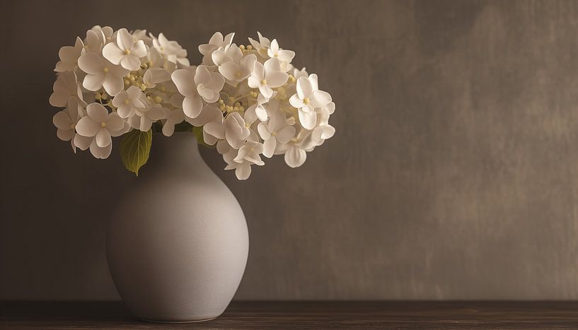 Luxuriöse weiße Vase mit weißen Blumen Stillleben von TheXclusive Art