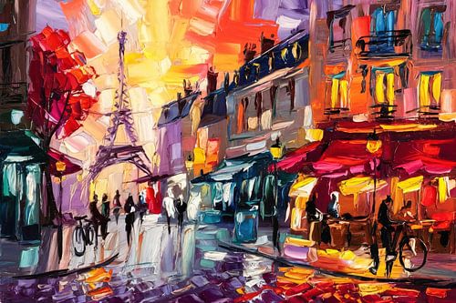 Kleurrijke Parijse straat bij avond