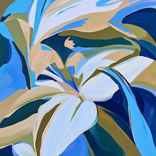 Dynamique florale expressive dans les tons bleus et terreux