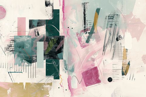 Moderne Formen und Linien in Rosa, Weiß und Grün.