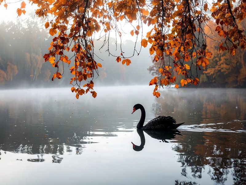 The black swan in the autumn mist - De zwarte zwaan in de herfstnevel by Christina Bauer Photos