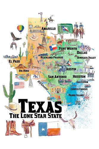 Texas State USA Illustrated Travel Poster Carte bon marché avec routes et points forts touristiques
