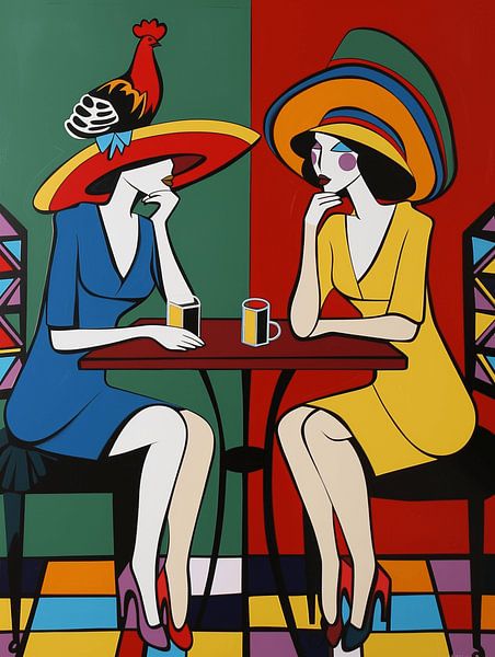Portrait zwei Frauen Sommer Cafè Hüte Hahnschmuck graphisch von gm_designs