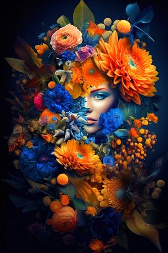 Face surrounded by bouquet of flowers