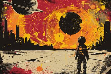 Futuristische skyline en astronaut verkenner van Art & Soul Creations