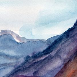 Moderne abstrakte Aquarelllandschaft in Blau, Lila und warmem Braun. von Dina Dankers