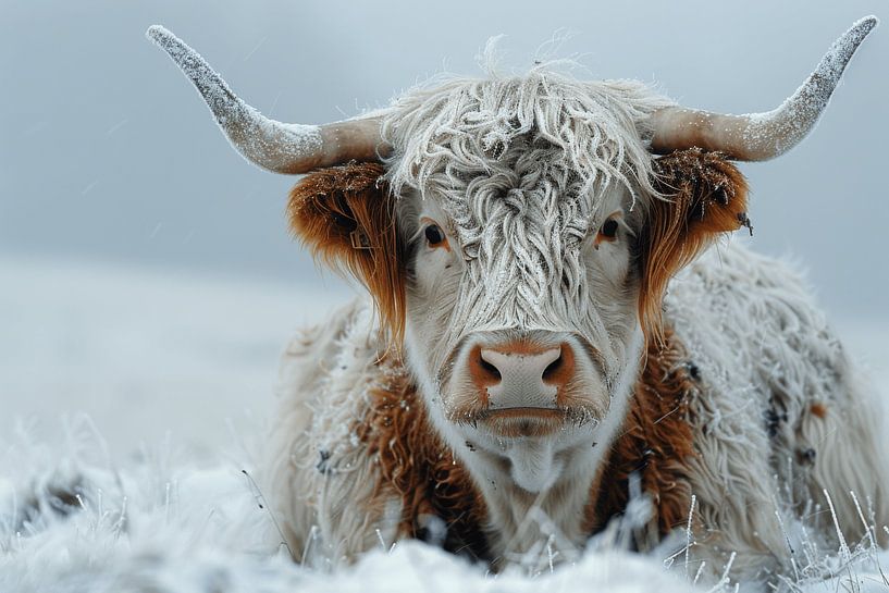 Snowy wonder: Highland cattle in winter splendour - a captivating photograph for lovers of rustic charm by Poster Art Shop