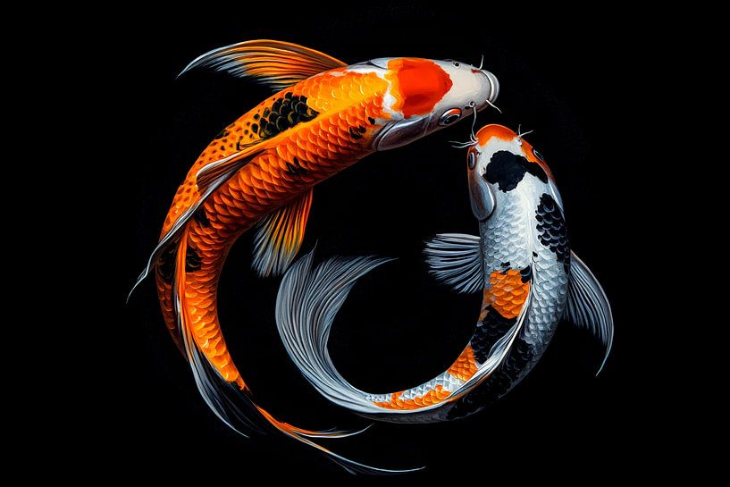 Koi-Fische in Bewegung – Farbenspiel auf Schwarz von Poster Art Shop