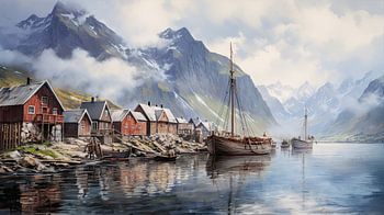 Altes traditionelles Fischerdorf am norwegischen Fjord.