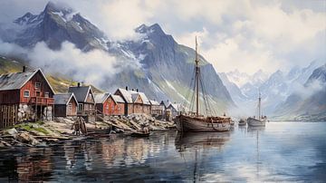 Altes traditionelles Fischerdorf am norwegischen Fjord. von Vlindertuin Art
