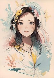 Colourful artwork in beige soft blue and yellow of a young lady by Emiel de Lange