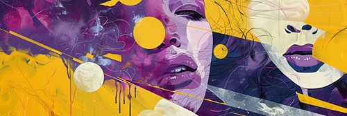 Digitale kunst panorama schilderij in geel en paars