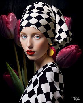 Modern Girl with a Pearl Earring V Johannes Vermeer tulips by René van den Berg