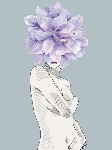 Glacial Allure - Naakte vrouw, vrouwelijke bloemen aquarel