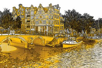 Pendelzeichnung Brouwersgracht Prinsengracht Jordaan Amsterdam Niederlande Gold Zeichnung Strichzeic von Hendrik-Jan Kornelis
