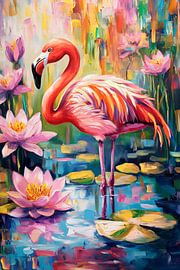 Colourful flamingo in front of water lilies by Poster Art Shop