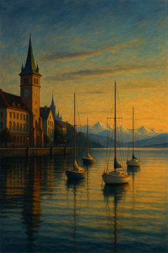 Sérénité du port de Constance - Crépuscule lacustre inspiré par Edward Hopper sur Travel Shop