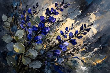 Moody Blue Floral Impasto Olieverfschilderij — Elegante wanddecoratie voor de woonkamer van coretan tangan