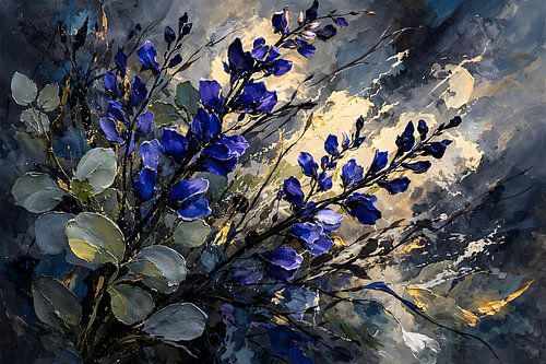 Moody Blue Floral Impasto Oil Painting — Elegant Living Room Wall Decor
