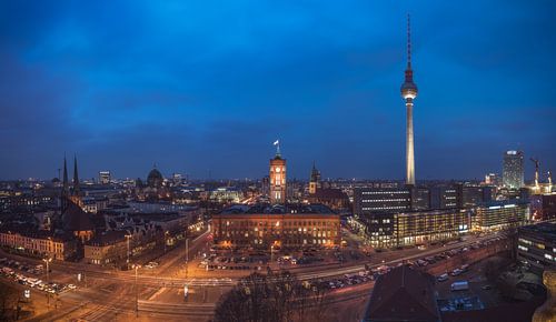 Berlin Skyline Nikolaiviertel Panorama at the blue hour