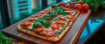 Fresh vegetable pizza on a wooden board by Poster Art Shop