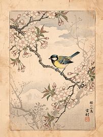Illustration vintage japonaise : une mésange charbonnière sur une branche de cerisier en fleurs avec le mont Fuji en arrière-plan sur Studio Pieternel