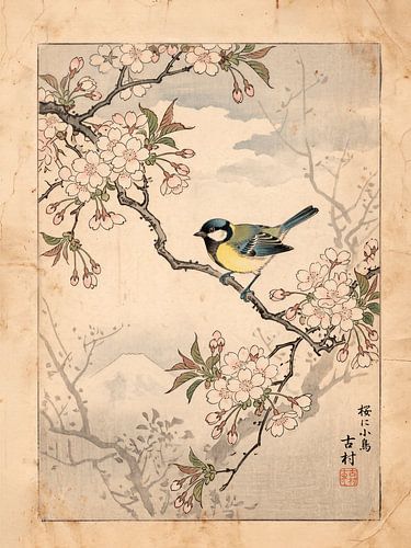 Japanische Vintage-Illustration: Kohlmeise auf einem Kirschblütenzweig mit dem Berg Fuji