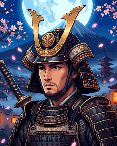 Pixel Art : Le gardien du mont Fuji au clair de lune