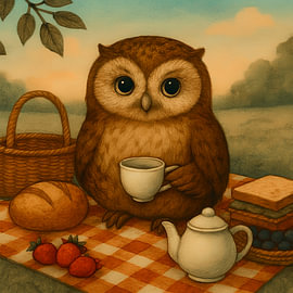 Thanksgiving-Picknick im herbstlichen Wald. Niedliche Eule mit Teetasse von Jelena Jovanovic Fine Art