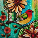 Small fat red and yellow bird on a branch by Jan Keteleer (JanKé): A Journey Beyond the Canvas thumbnail