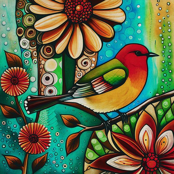 Small fat red and yellow bird on a branch by Jan Keteleer (JanKé): A Journey Beyond the Canvas