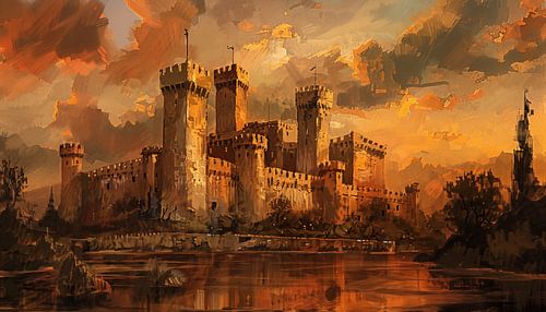 Kasteel olieverf zonsondergang panorama