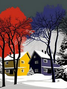 Winterlandschaft Häuser Bäume grafisch stilisiert farbenfroh