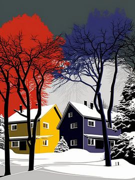 Winterlandschap huizen bomen grafisch gestileerd kleurrijk van gm_designs