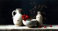 A classic still life of a white pouring jug bowl and bottle on black background.