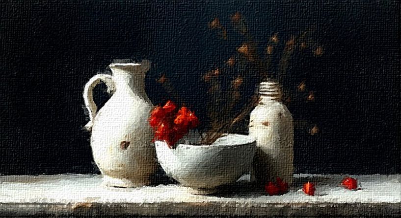 A classic still life of a white pouring jug bowl and bottle on black background. by J.a Dijkstra