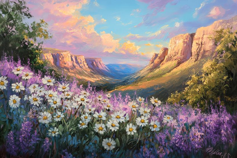 Blossoming mountain landscape at sunset by Poster Art Shop