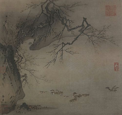 Ma Yuan, pruimenbloesems boven rotsen en wilde eenden, ca 1200