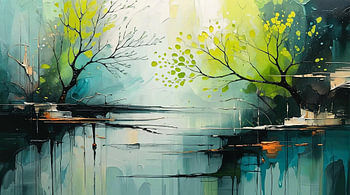 An abstract river panorama in emerald green, blue and gold