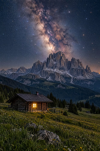Mountain hut beneath the Milky Way