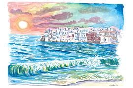 Incroyable coucher de soleil sur Mykonos avec la Petite Venise et les vagues de la plage