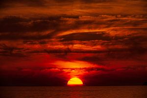 sunset, clouds, sea, fiery red sky