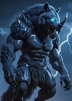 A massive, dark-furred wolf with the armored body of a rhino