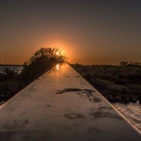 Sonnenuntergang entlang des Geländers einer kleinen Brücke. von Dirk Keij-Bron