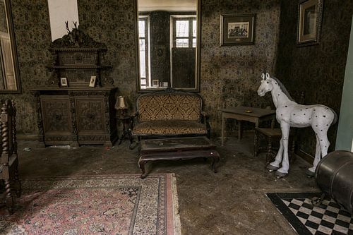 Woonkamer met een oud paard.