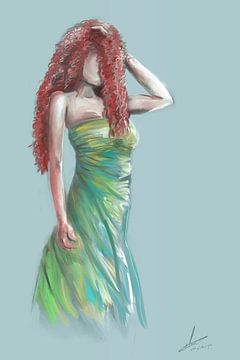 Roodharige dame met krullen en kleurige jurk van Emiel de Lange