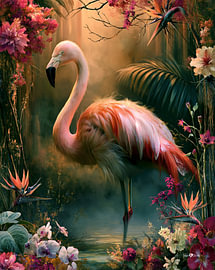 Flamant rose et fleurs tropicales