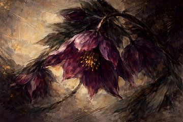 Dramatisches dunkles Helleborus-Blumenölgemälde – Raffinierte, stimmungsvolle Vintage-Wandkunst von coretan tangan